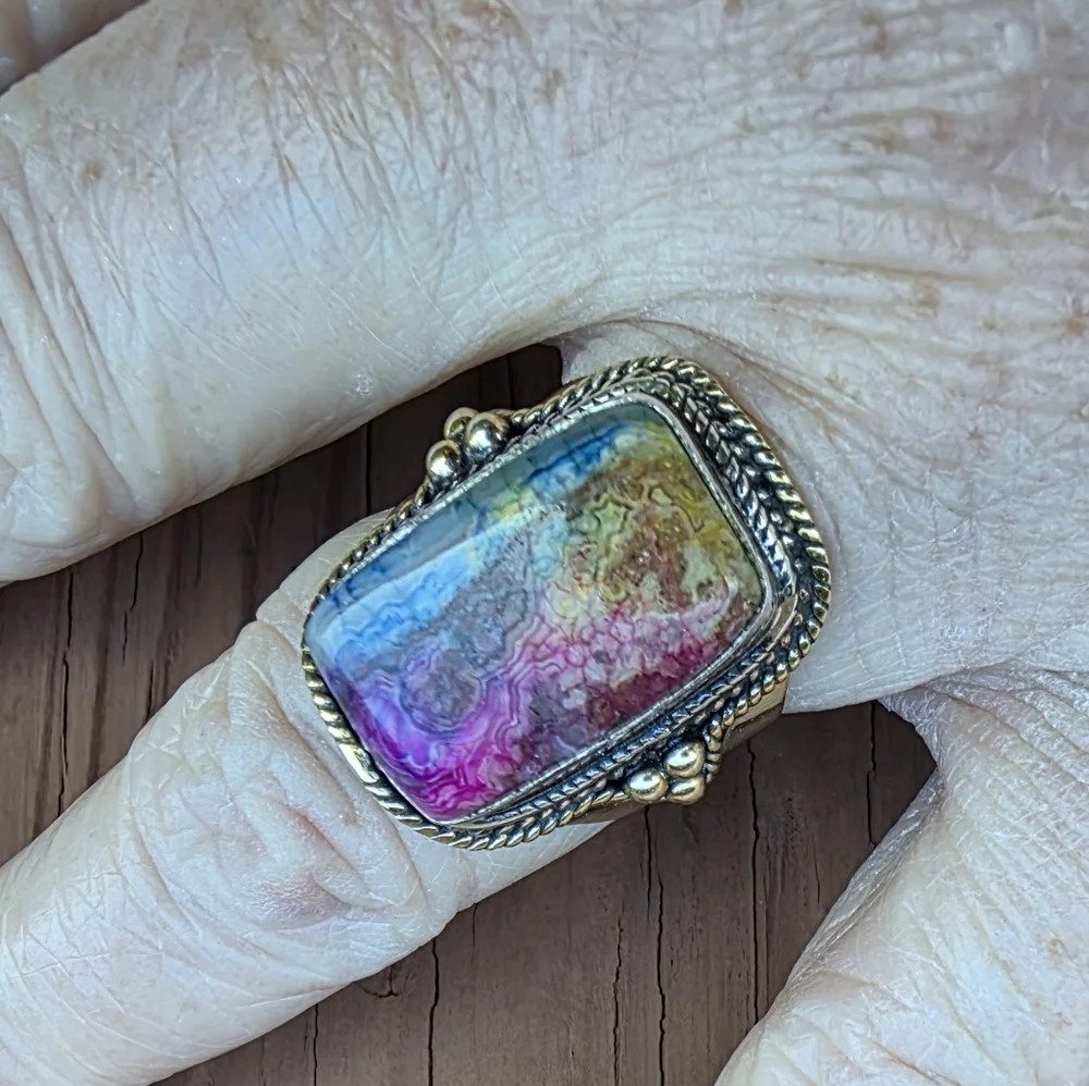 Crazy Lace Gemstone Ring in 925 Sterling Silver w/ Gold Vermeil Accents (7)